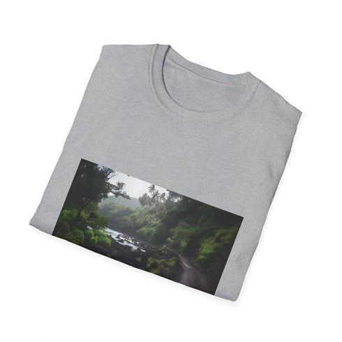 Charcoal cotton T-shirt with crew neck and tropical paradise graphic