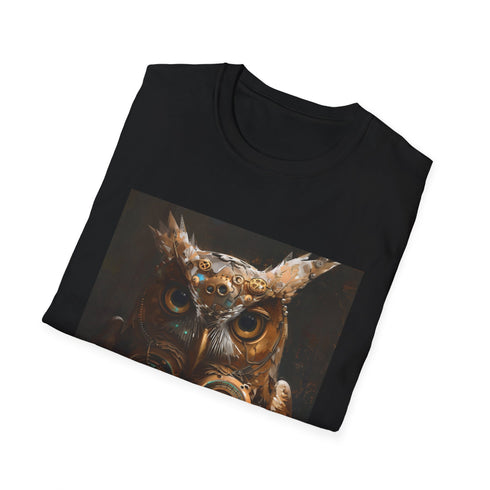 Charcoal steampunk owl t-shirt with intricate gear design on soft cotton