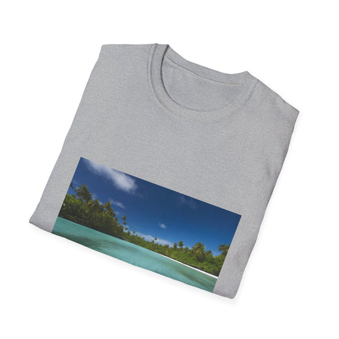 Charcoal cotton T-shirt with tranquil Aitutaki beach design for summer vibes