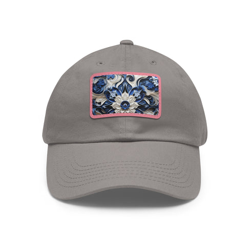 Midnight cerulean cotton baseball cap with light brown patch.