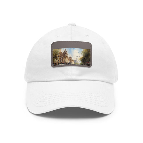 Melbourne Tram Style Baseball Cap in White with Light Brown Patch