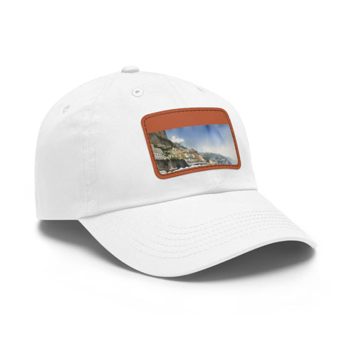 Stylish white baseball cap with Amalfi Coast view embroidery.
