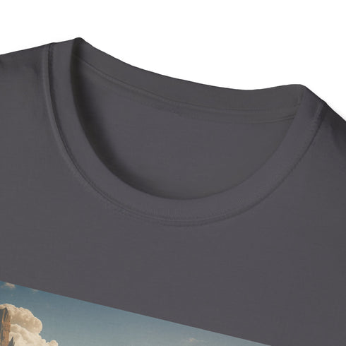 Charcoal cotton T-shirt with surreal landscape inviting imaginative journeys
