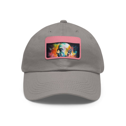 Neon watercolor Jeff Bezos cap in white with light brown patch.