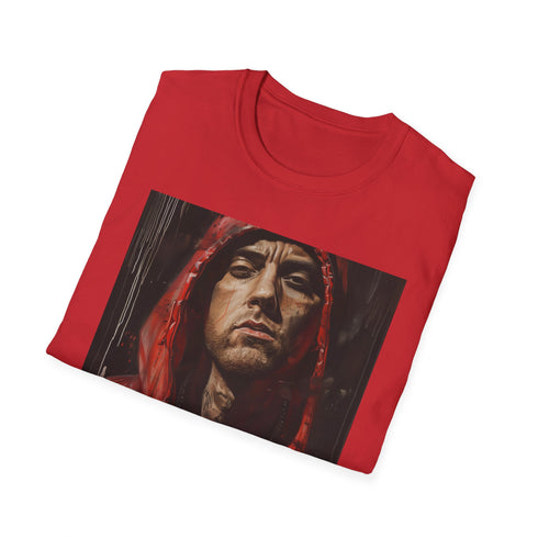 Charcoal cotton T-shirt with vibrant Eminem portrait and bold brushstrokes