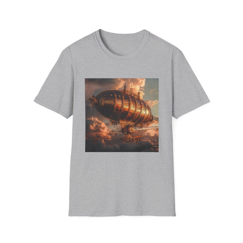 Steampunk airship voyage t-shirt, charcoal, regular fit, DTG printed.