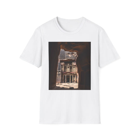 Charcoal crew neck cotton T-shirt with Petra-inspired design and regular fit