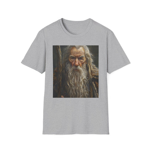 Charcoal cotton t-shirt featuring vibrant colorful Gandalf portrait for summer wear