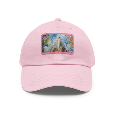 Chrysler Skyline watercolor cap, white cotton hat with light brown patch.