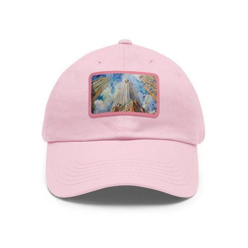 Chrysler Skyline watercolor hat in white with light brown patch.