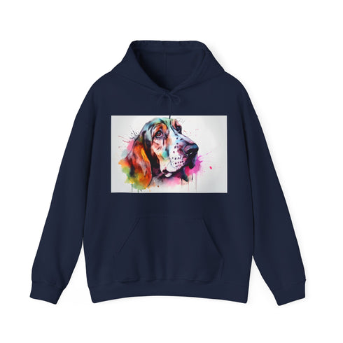 Snuggle-Love Basset Watercolor Hoodie in Navy, Size S.