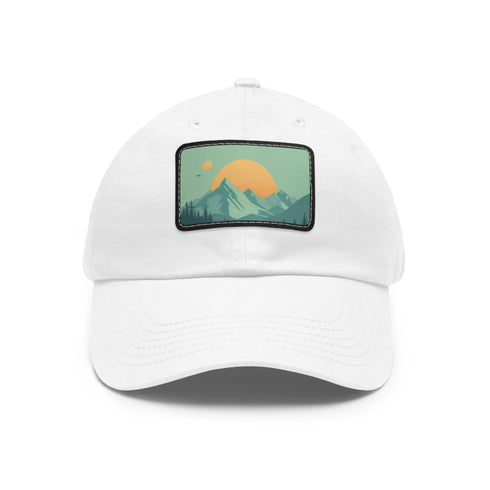 Minimalist white cap with light brown rectangle patch, mountain landscape design.
