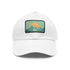 Minimalist white cap with light brown rectangle patch, mountain landscape design.