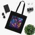 Vibrant black cotton tote bag with neon tropical leaf design.