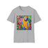 Charcoal T-shirt with vibrant tropical parrot design on breathable cotton fabric