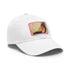 GeoPrint Cap in white with light brown rectangle patch, cotton material.