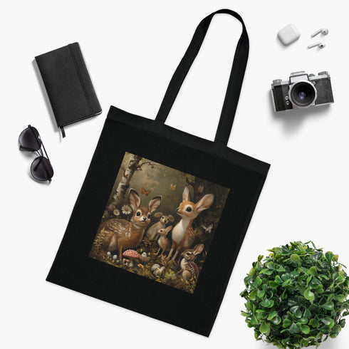 Forest Fable Tote Bag black cotton woodland creatures whimsical tote.