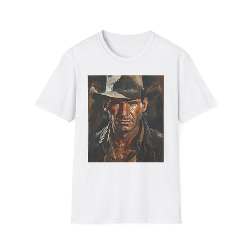 Charcoal cotton T-shirt with vibrant Indiana Jones portrait graphic
