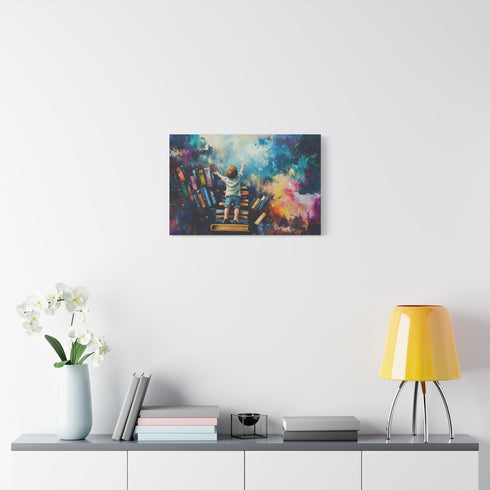 A Curious Child Reaching for the Stars with Books Stretched Canvas Wall Art