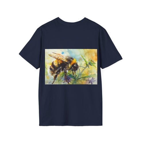 Charcoal watercolor tee with vibrant bumblebee design and crew neck fit