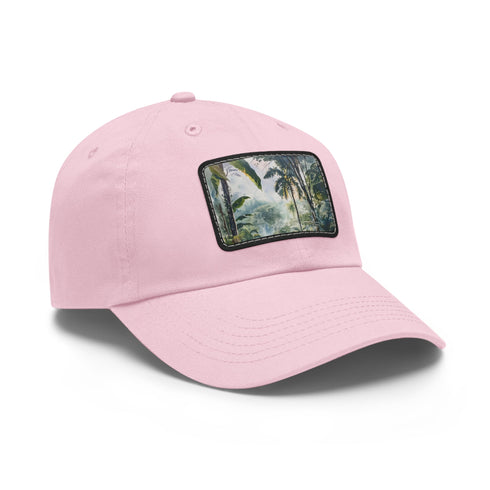 White cap with Congo rainforest watercolor design, rectangle patch.