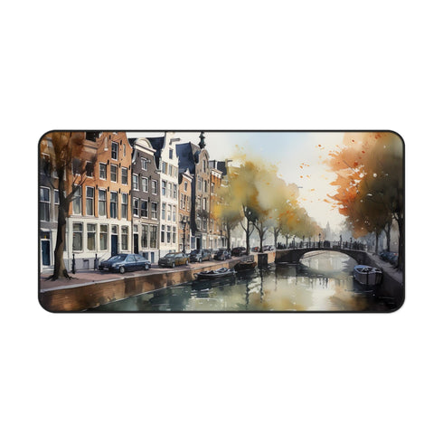 Vibrant Amsterdam cityscape desk mat for home or office.