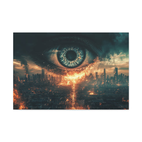 Giant Eye above a Burning City Stretched Canvas Wall Art