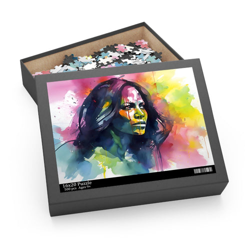 Vibrant Michelle Obama portrait puzzle with neon watercolor.