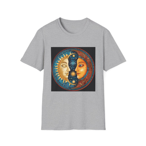 Charcoal mandala sun and moon T-shirt with soft breathable cotton fabric