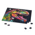 Vibrant neon T-Rex watercolor puzzle with 120 pieces.