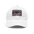 Stylish white baseball cap with light brown patch, Oxford Street design.