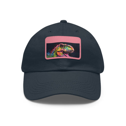 Vibrant watercolor dinosaur baseball cap, white with light brown patch.