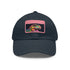 Vibrant watercolor dinosaur baseball cap, white with light brown patch.
