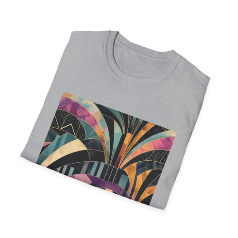 Charcoal cotton t-shirt featuring vibrant abstract art deco patterns