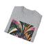 Charcoal cotton t-shirt featuring vibrant abstract art deco patterns