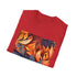 Charcoal cotton crew neck T-shirt textured with vibrant autumn tapestry design