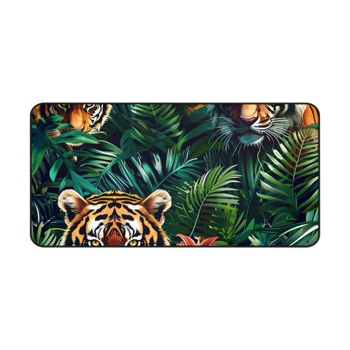 Transform workspace with Tiger Jungle Desk Mat, safari-themed design with majestic tigers and lush green foliage