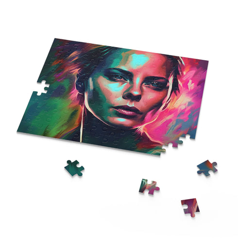 Vibrant watercolor puzzle featuring Charlize Theron, perfect challenge for fans.