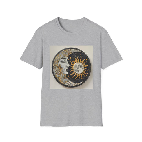 Charcoal crew neck cotton t-shirt with sun and moon mandala design