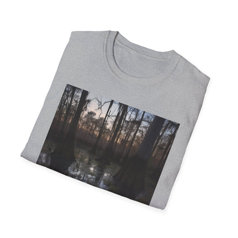 Charcoal cotton crew neck T-shirt with mystical cypress swamp design