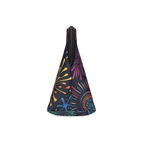 Bright Festive Fireworks makeup bag, all over print with zipper.