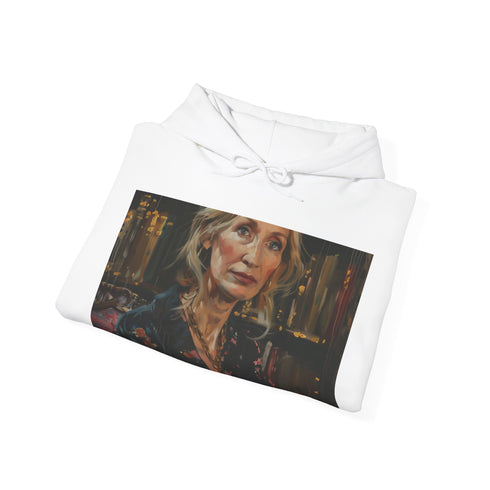 Navy canvas hoodie celebrating magic, storytelling unmatched by JK Rowling.