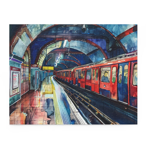 London Underground watercolor puzzle featuring iconic transportation system.