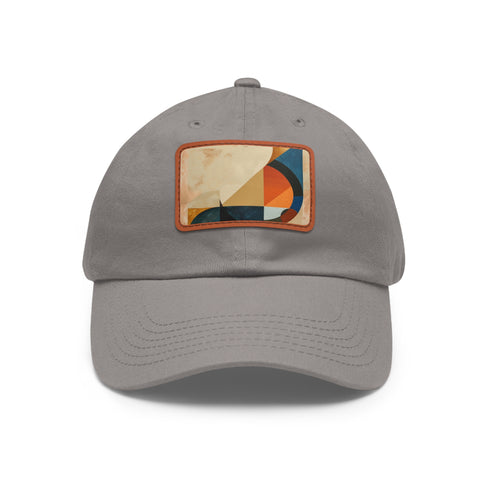 Abstract geometric white baseball cap with light brown patch.