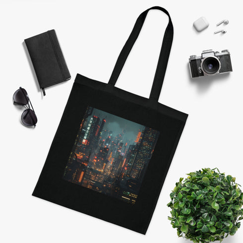 Futuristic black cotton tote bag with cyberpunk cityscape design.