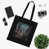 Futuristic black cotton tote bag with cyberpunk cityscape design.
