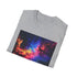 Charcoal cotton crew neck T-shirt with neon space galaxy design