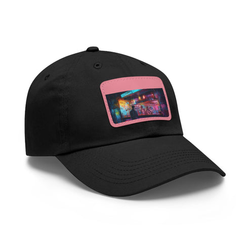 Vibrant neon watercolor splash baseball cap, white/light brown patch, rectangle design.