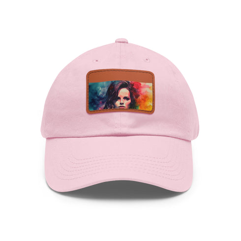 Kate Beckinsale neon watercolor baseball cap with light brown patch.