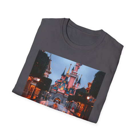 Charcoal crew neck cotton T-shirt with colorful Disney Castle print